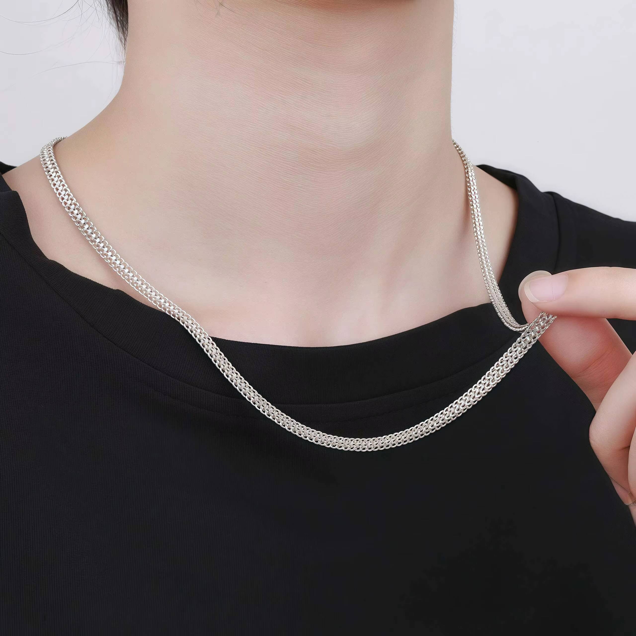 999 Pure Silver Jewelry White Gold Platinum Plated Silver 4mm Cuban Italy Square Double Franco Link Chain Men Women