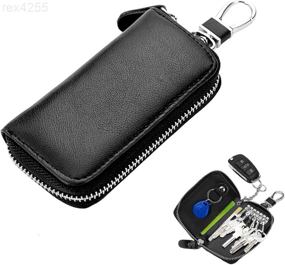 Leather Car Key Holder Bag Unisex Key Fob Case with 6 Hooks Zipper Closure Keychian Case Wallet for Smart Keys BlackW250911