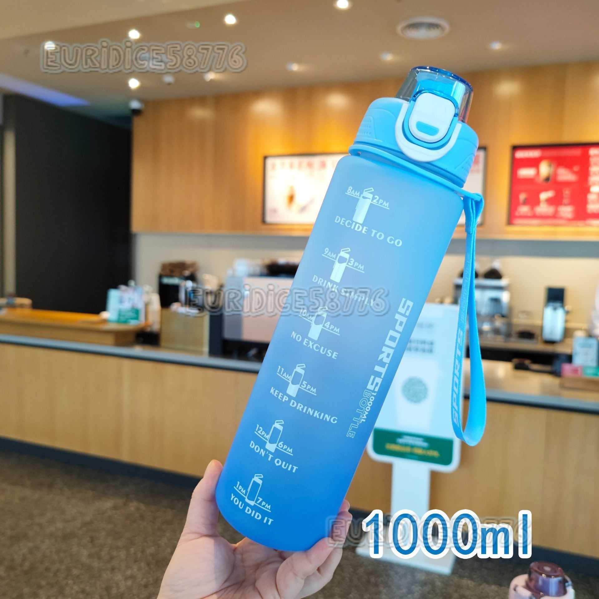 Plastic Water Cups 1000ml Direct Drinking Gradient Color Frosted Portable Strap Sports Fitness Water Bottle H250911