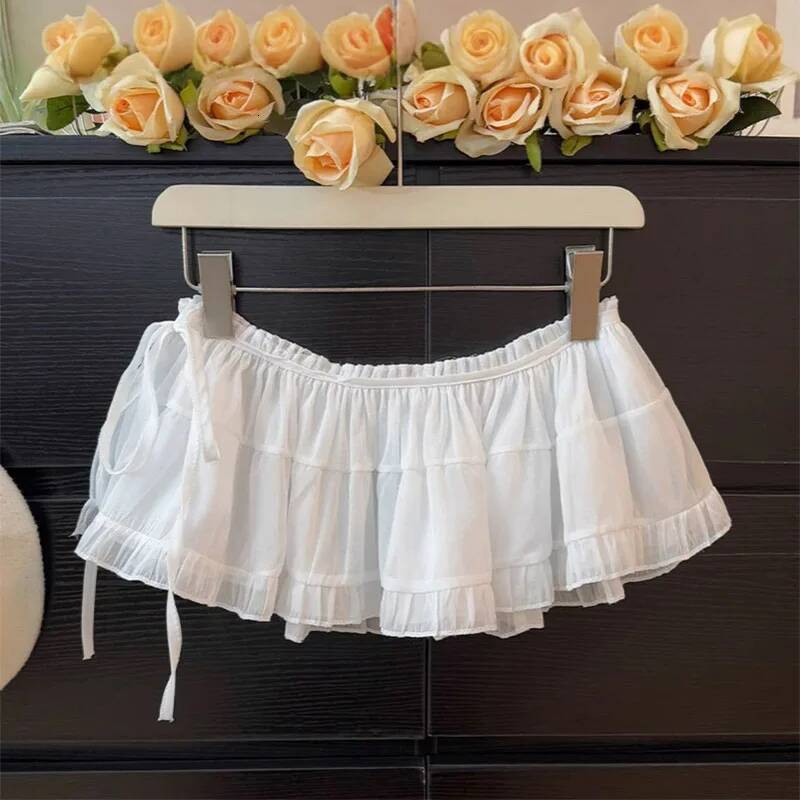 French Lace Ruffle Trim Belted Short Pencil Spring Layered Apron Curtain A- Line Fluffy Half-length Skirt Commute dongdumaoyi