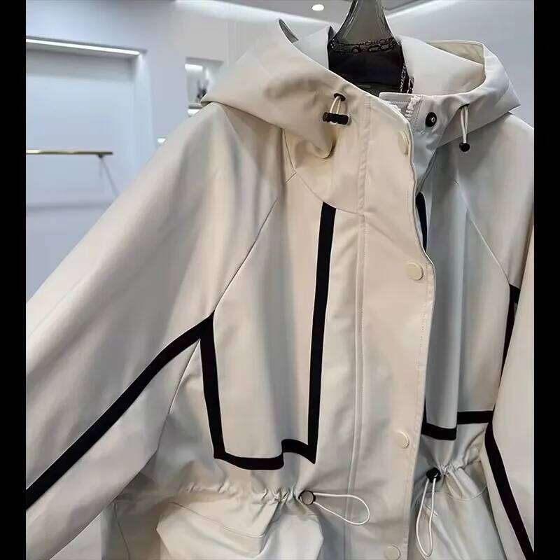 Fashion Hooded Ing Contrast Jacket Women's 2025 New Spring Autumn Waistband Leisure Loose Short Trench Coat Female