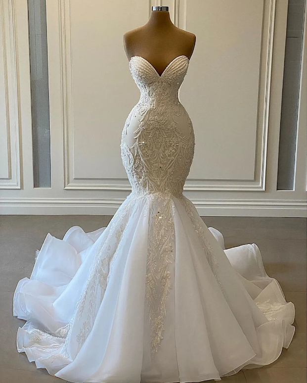 2025 Aso Ebi Plus Size Ivory Mermaid Wedding Dress Off Shoulder Pearls Lace Satin Vintage Elegant Bridal Gowns Dresses ZJ0455