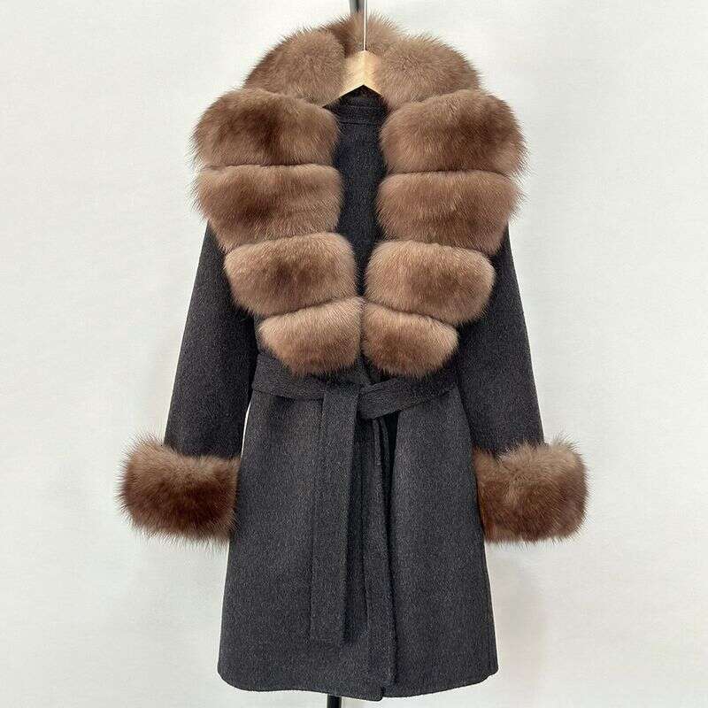 Women's Long Wool & Cashmere Coat With Real Fox Fur Collar - Double-Faced Winter Trench Coat, Slim Fit Belted Dressy Outerwear, Elegant Overcoat 