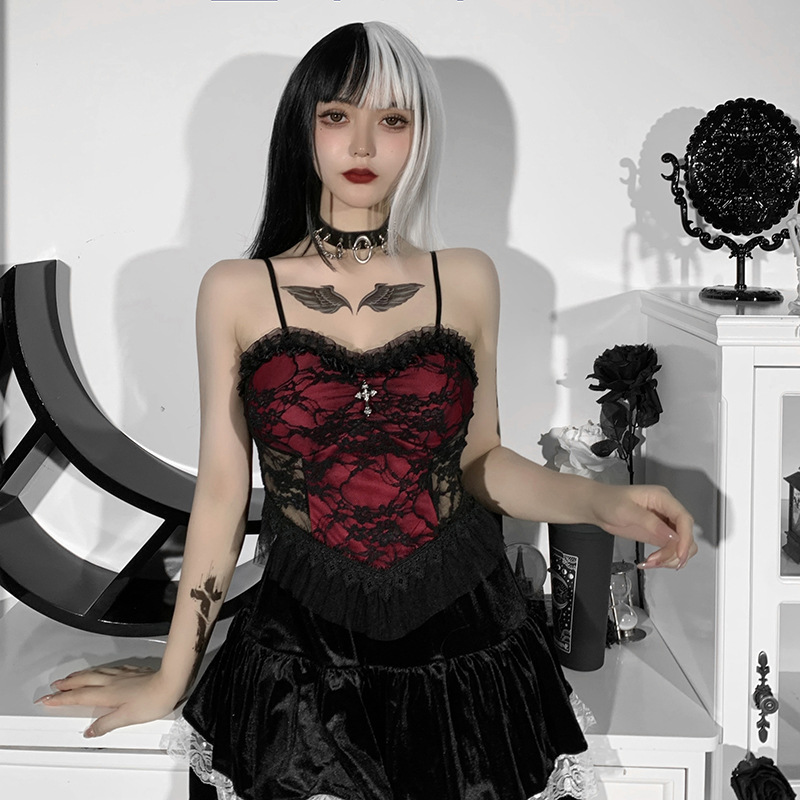 Stage Wear New European and American Halloween Style - Lace Mesh Camisole Women's Unique Cross Tank Top