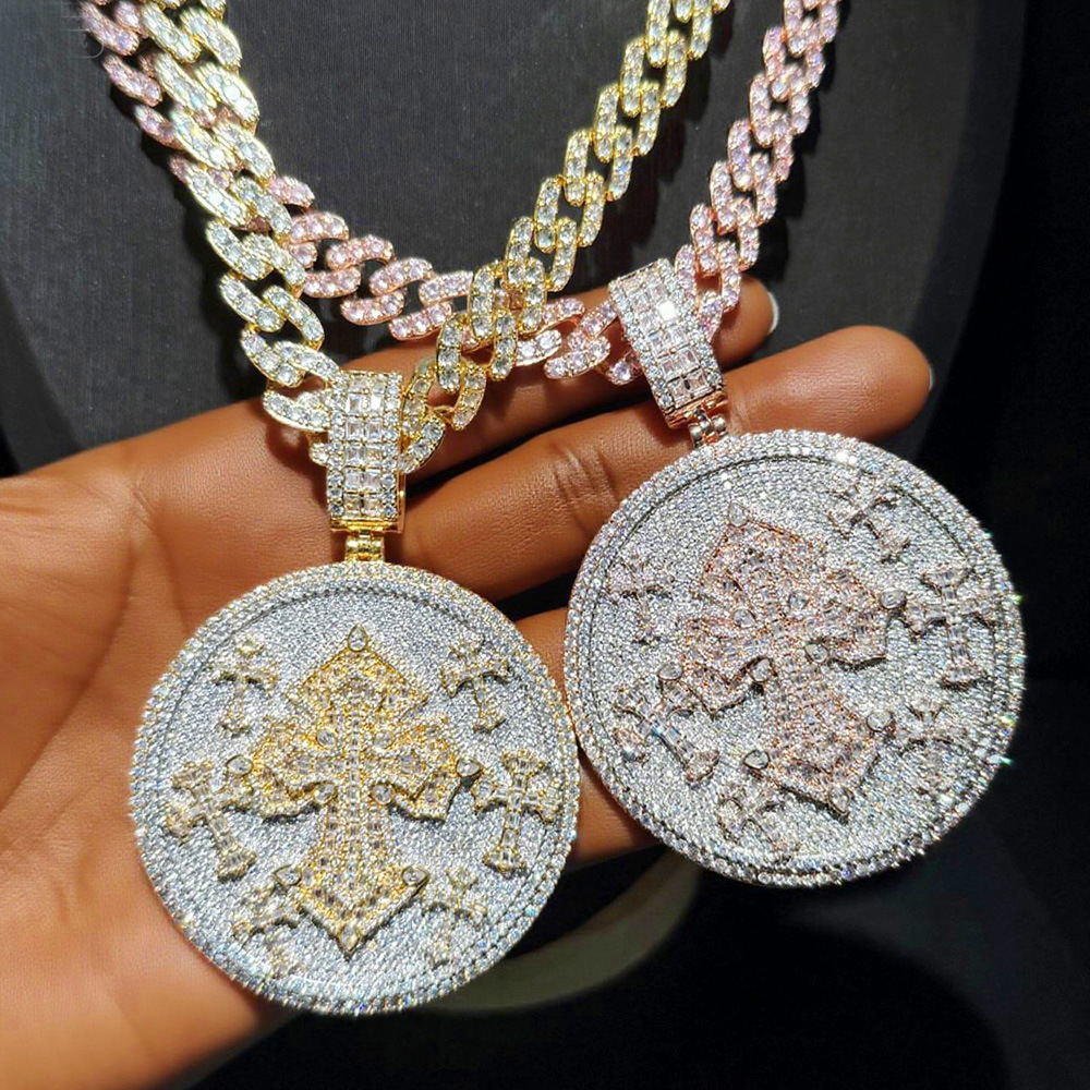 Hip Hop Cross Big Disc Pendant Necklace 5A Zircon Jewelry with 12mm Cuban Chain