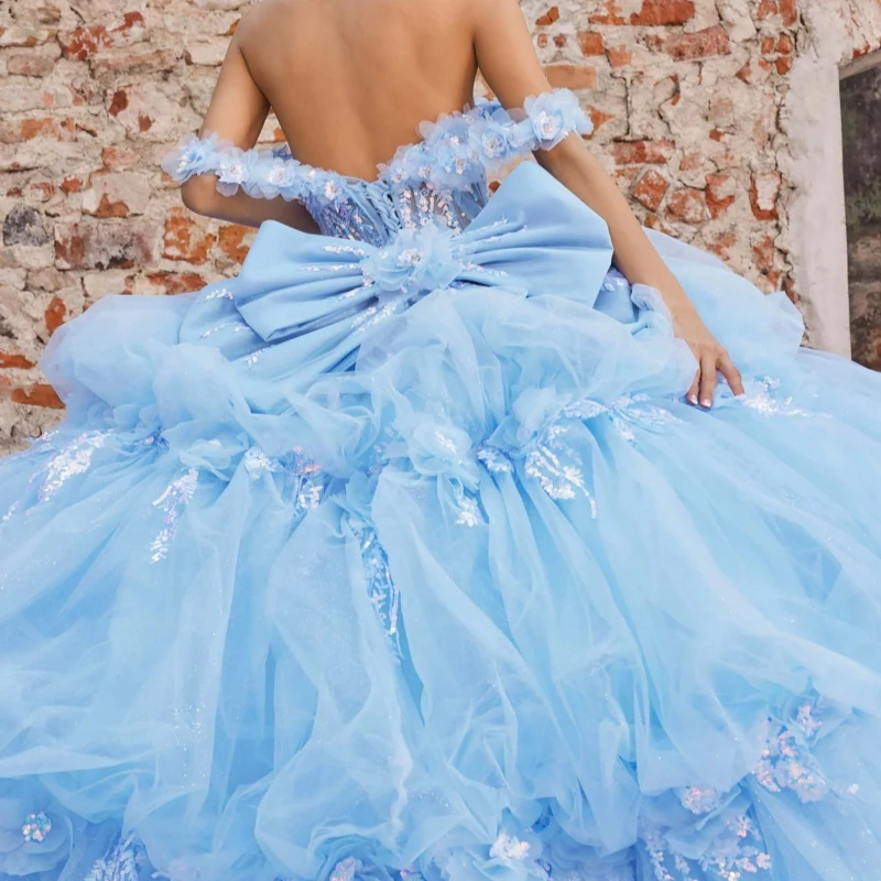 Sky Blue Quinceanera Dresses Ball Gown Off The Shoulder Sequin Applique Lace Beads Bow Tiered Tull Corset Party Birthday Sweet 16 Dress Vestidos 15 De