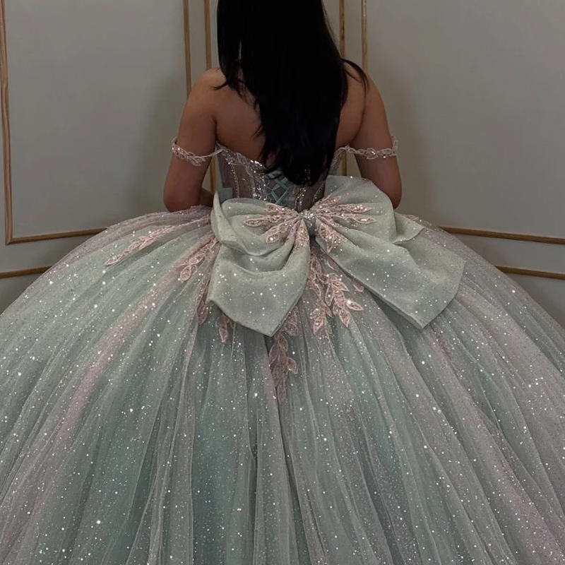 Light Blue Shiny Off The Shoulder Quinceanera Dresses Ball Gown Applique Lace Beads Bow Party Birthday Sweet 16 Dress Vestidos De 15 Anos