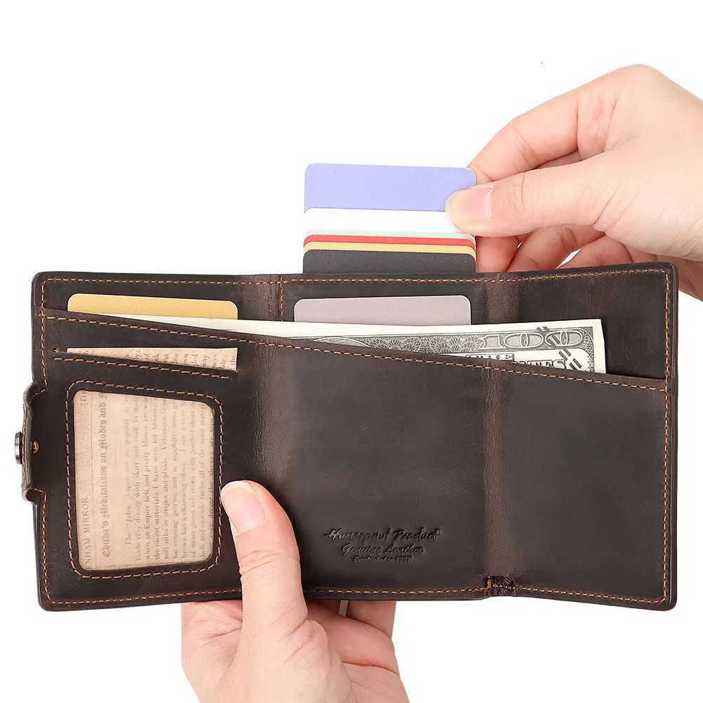 Cowhide Leather Mens Wallet RFID Blocking Protect Cardholder Automatic Card Case for Women with Apple AirTag Holder W250911