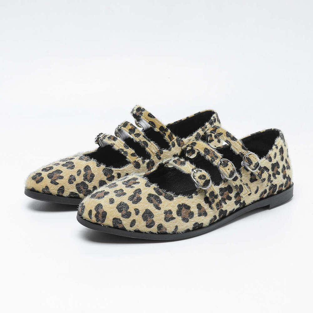 Plus Size Women's Round Toe Designer Shoe Shallow Mouth Thick Sole Non-Slip Horsehair Leopard Print Single Three-Strap Mary Jane Shoes