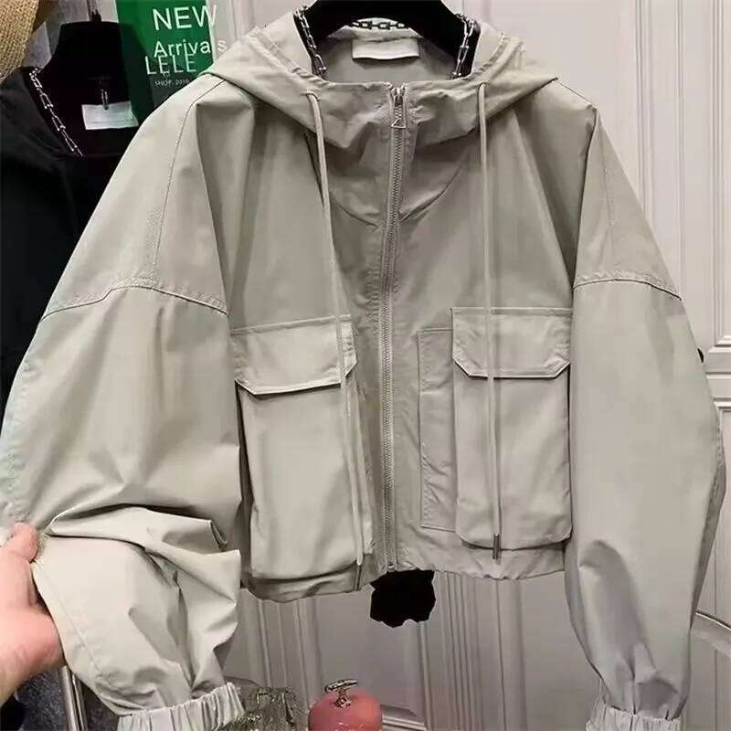 2025 Fashion Women Jacket Windbreaker Hooded Zip-Up Autumn Vintage Outwear Korean Haruku Cropped Basic Coat Streetwear
