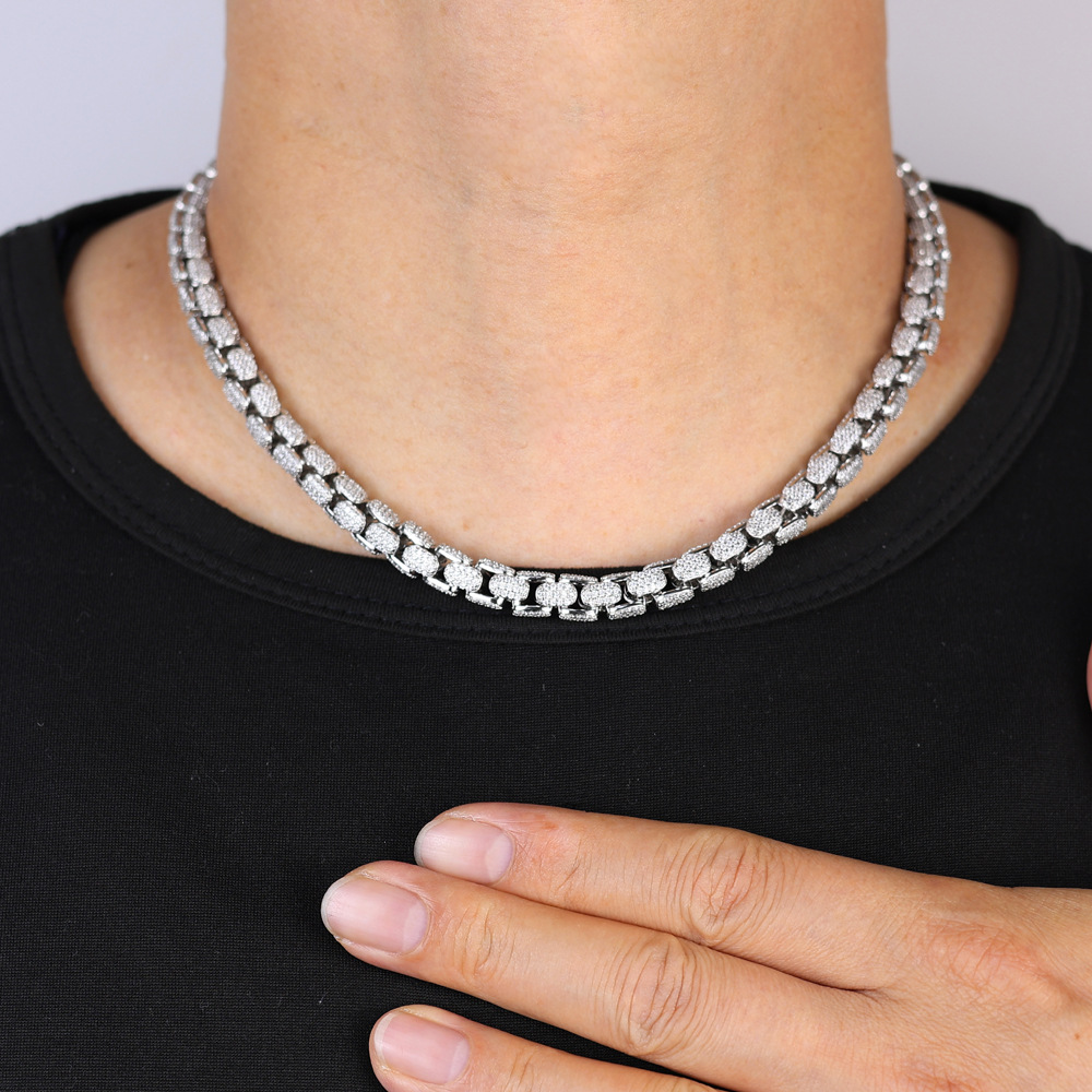 Hip Hop Punk Mens Cuban Chain Necklace Full 5A Zircon White Gold Plated Jewelry