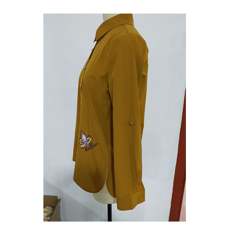 Women's Long Sleeve Collared Shirt with Cartoon Embroidery - Mustard Yellow