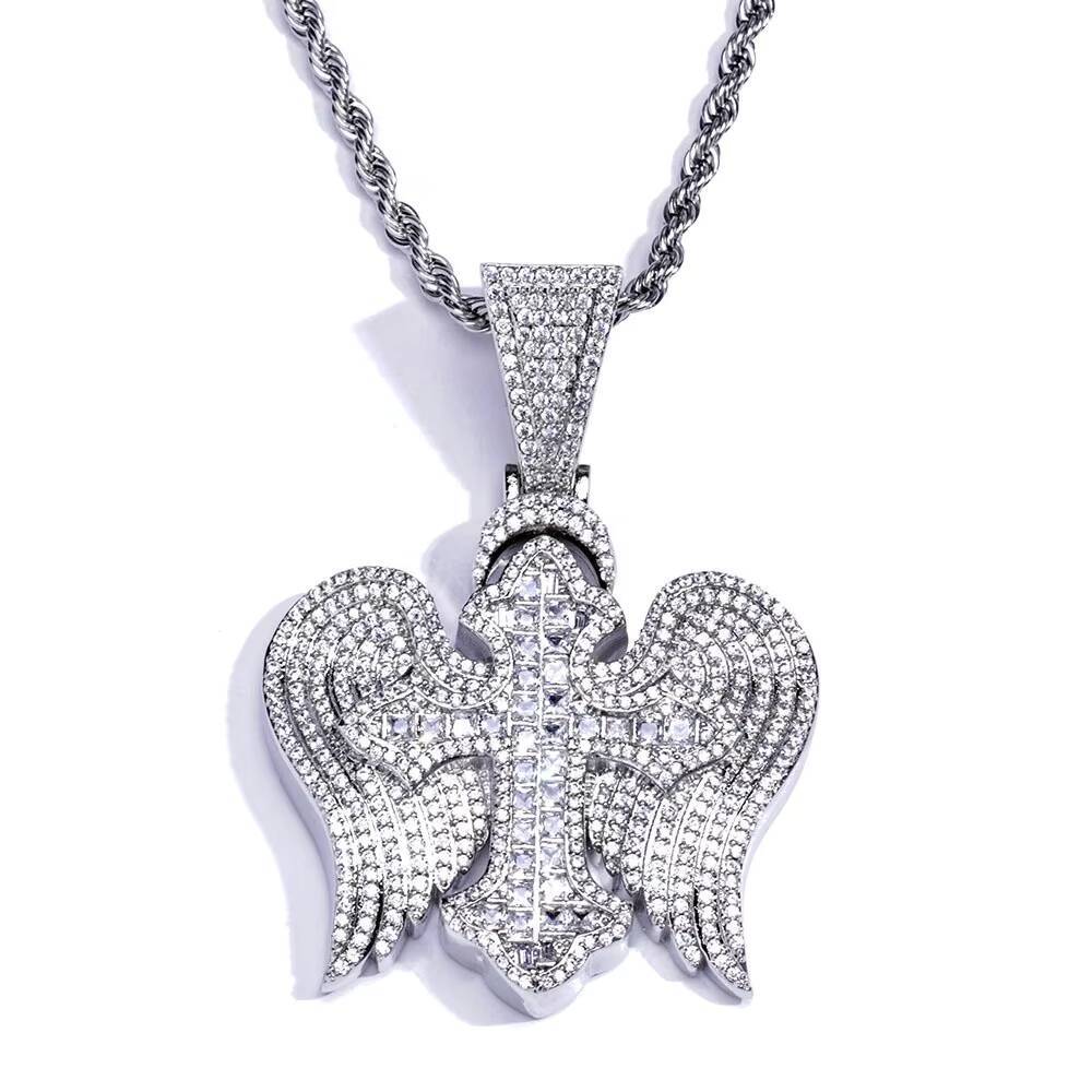 Popular Retro Cross Wings Zircon Pendant Personalized Hip Hop Necklace for Men Brass Jewelry with Rope Chain for Anniversaries