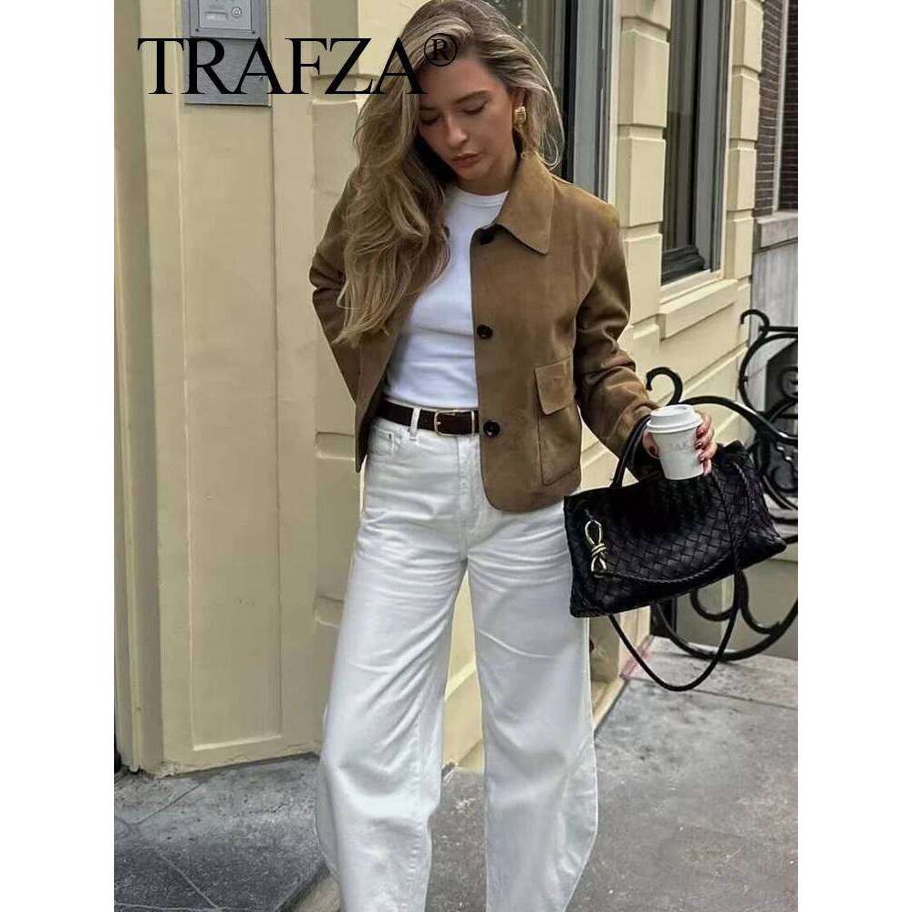 TRAFZA Vintage Women's Solid Suede 2025 Long Sleeve Pocket Single Breasted Female Crop Jacket Lady High Street Outerwear