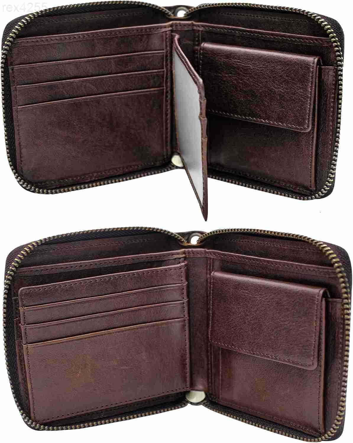 Real Leather RFID Blocking Bifold Wallets for Men Double Zipper Coin Pocket Purse with AntiTheft ChainW250911