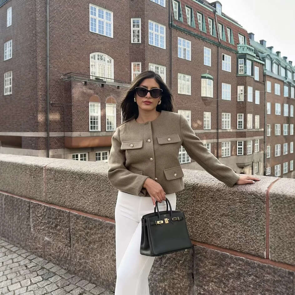 DHEssentials 2025 Small Chanel Style Fashion Button Decor Short Blazer for Women