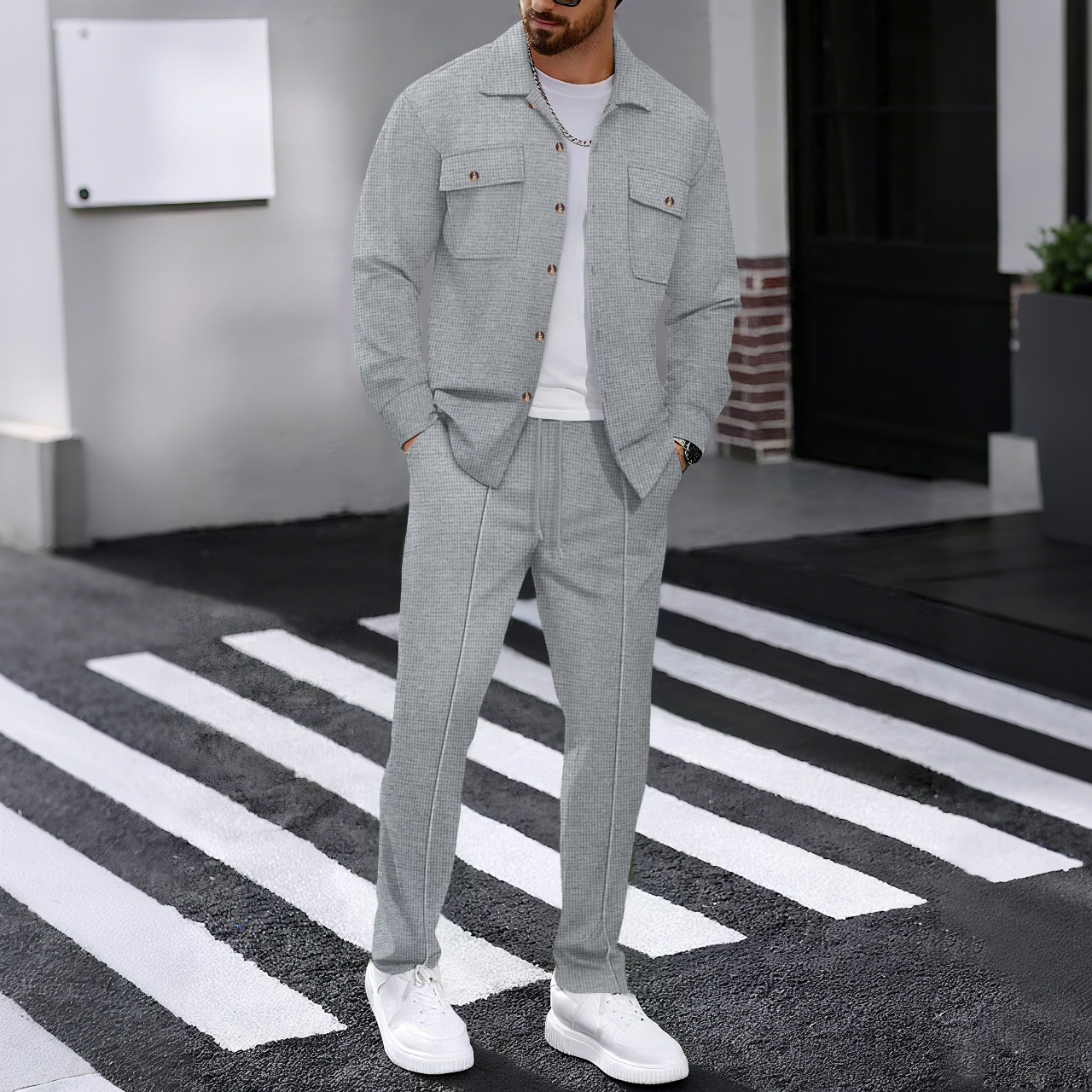 Summer Sexy men Sets Elegant Zipper Tops Sashes Button PockeTwo Piece Set
