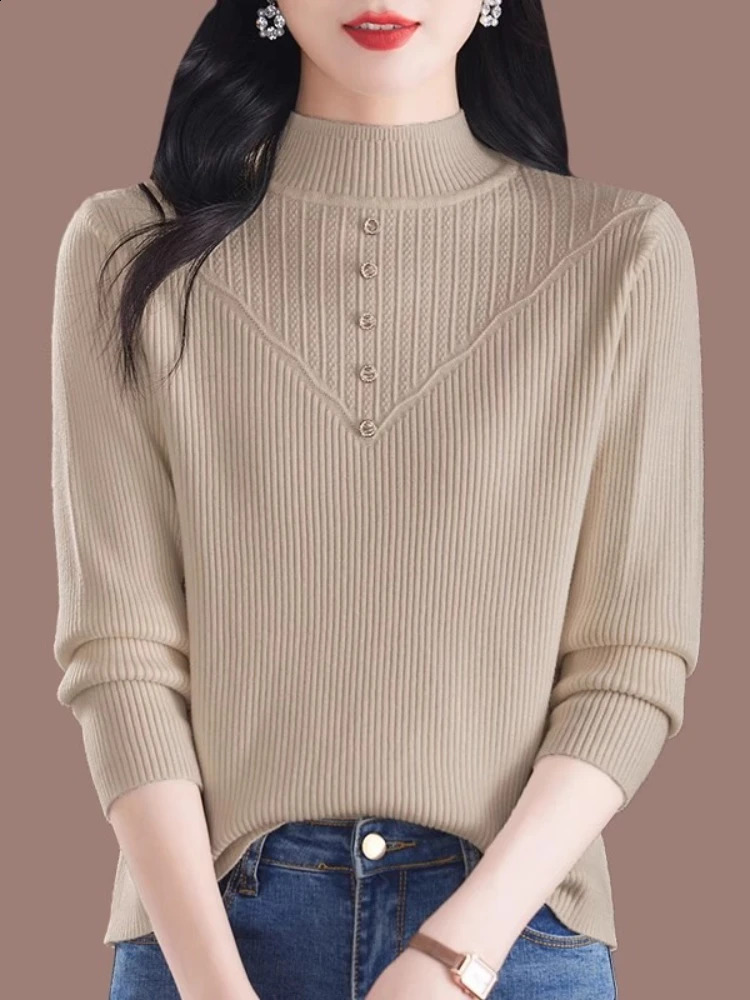 Button Pull Femme Sweater Jumpers Sweaters Autumn Winter Pullovers Women Warm Thick High Collar Knitwears 250911