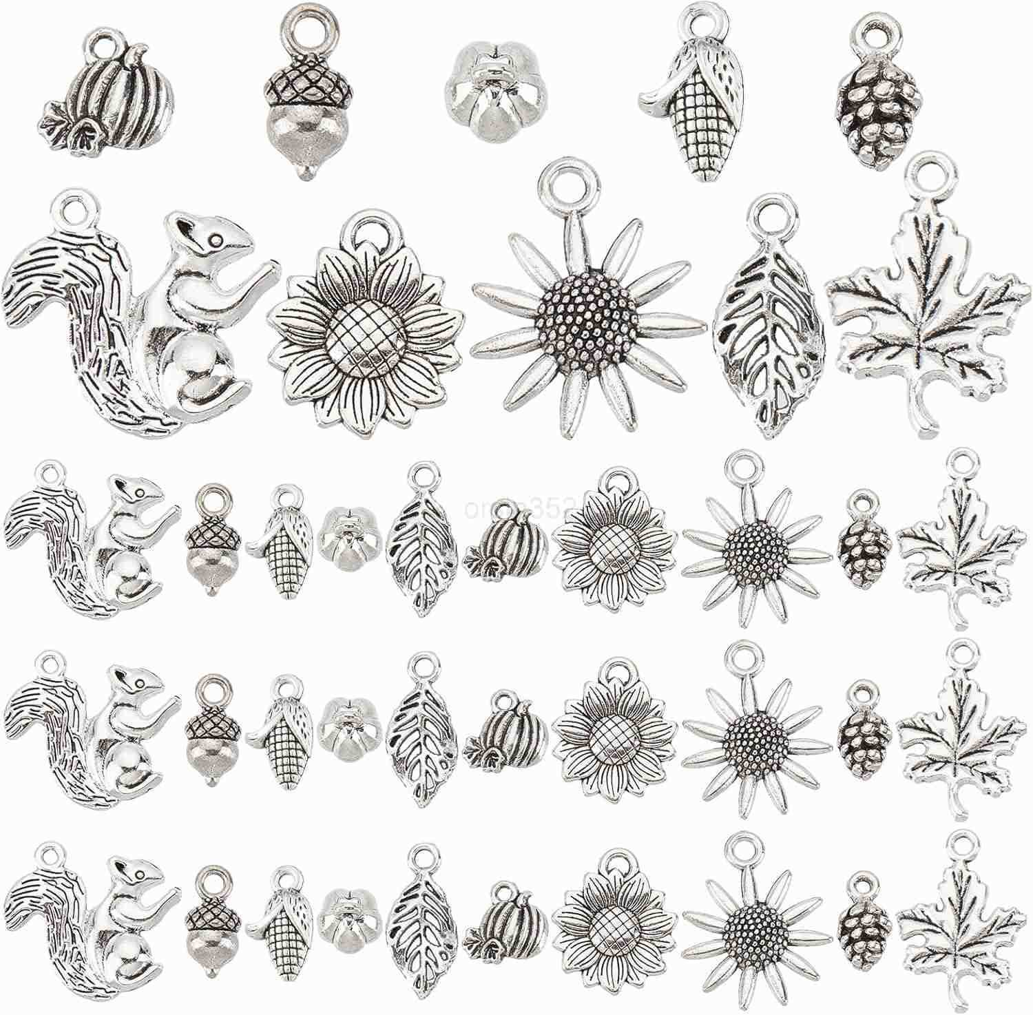 1 Box 50Pcs Thanksgiving Wheat Charm Fall Harvest Autumn Charms Bulk Tibetan Style Antique Silver Spike Flower Wheat Ears Pendants for Jewelry Making 