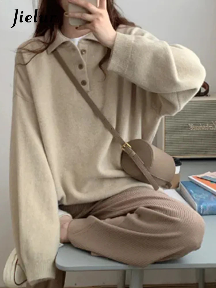 Jielur Autumn Casual Loose Pullovers Woman Street Solid Color Slim Female Apricot Polo Knitted Fashion Women Top 250911