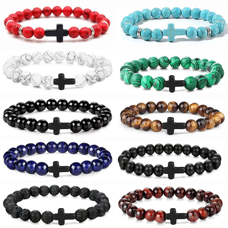 Prayer Men Natural Stone Wood Beads Rosary Hematite Cross Bracelets Onyx Meditation Bracelet Women Yoga Jewelry Homme Pulsera 250910