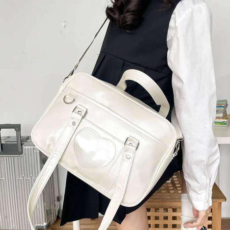 Women Jk School Handbag Large Capacity PU Anime Crossbody Transparent Love Heart Shoulder Uniform Bag For Shopping Commuting