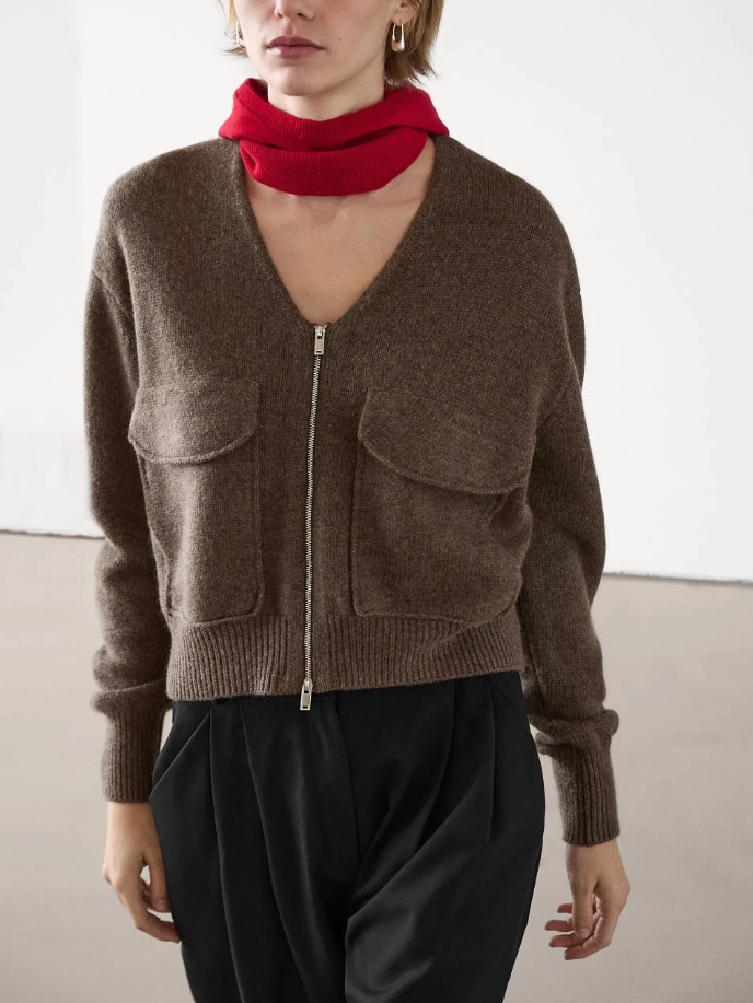 Elevated Knitwear 2025 massidutti autumn new style of Women's casual Laid-back brown V-neck wool blend zipper knitted cardigan jacket