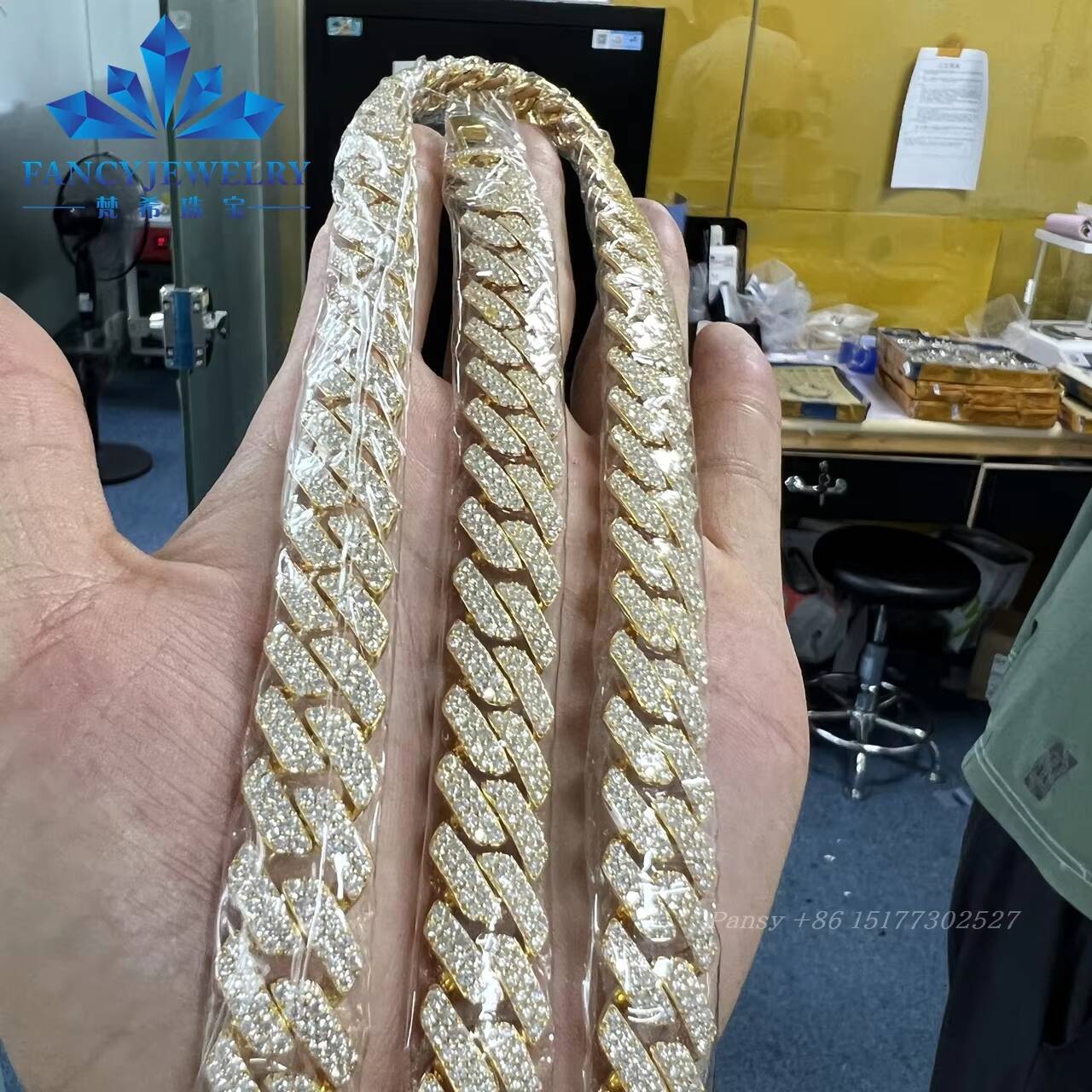 Miami Hip Hop Jewelry 16mm Cuban Chain Gold Plated Iced Out Prong Iced Setting Necklace CZ Diamond Prong Cuban Link Chain