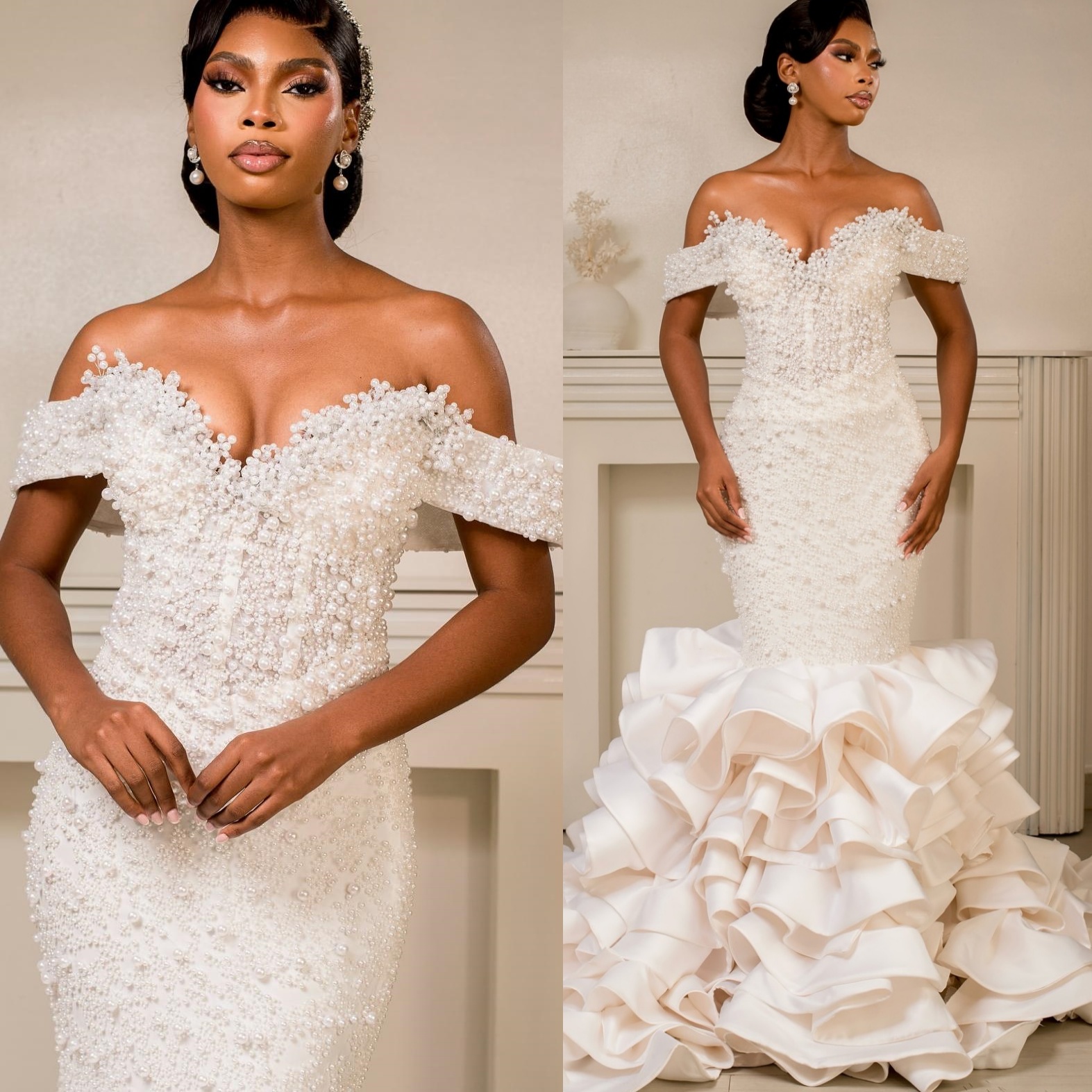 2025 Aso Ebi Plus Size Ivory Mermaid Wedding Dress Sweetheart Pearls Tiers Satin Luxurious Vintage Bridal Gowns Dresses ZJ0411
