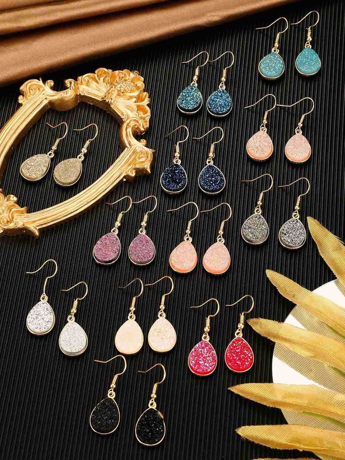 12 Pairs Faux Druzy Drop Earrings Crystal Pendant Dangle Multicolor Stainless Steel Earrings for WomenW250911