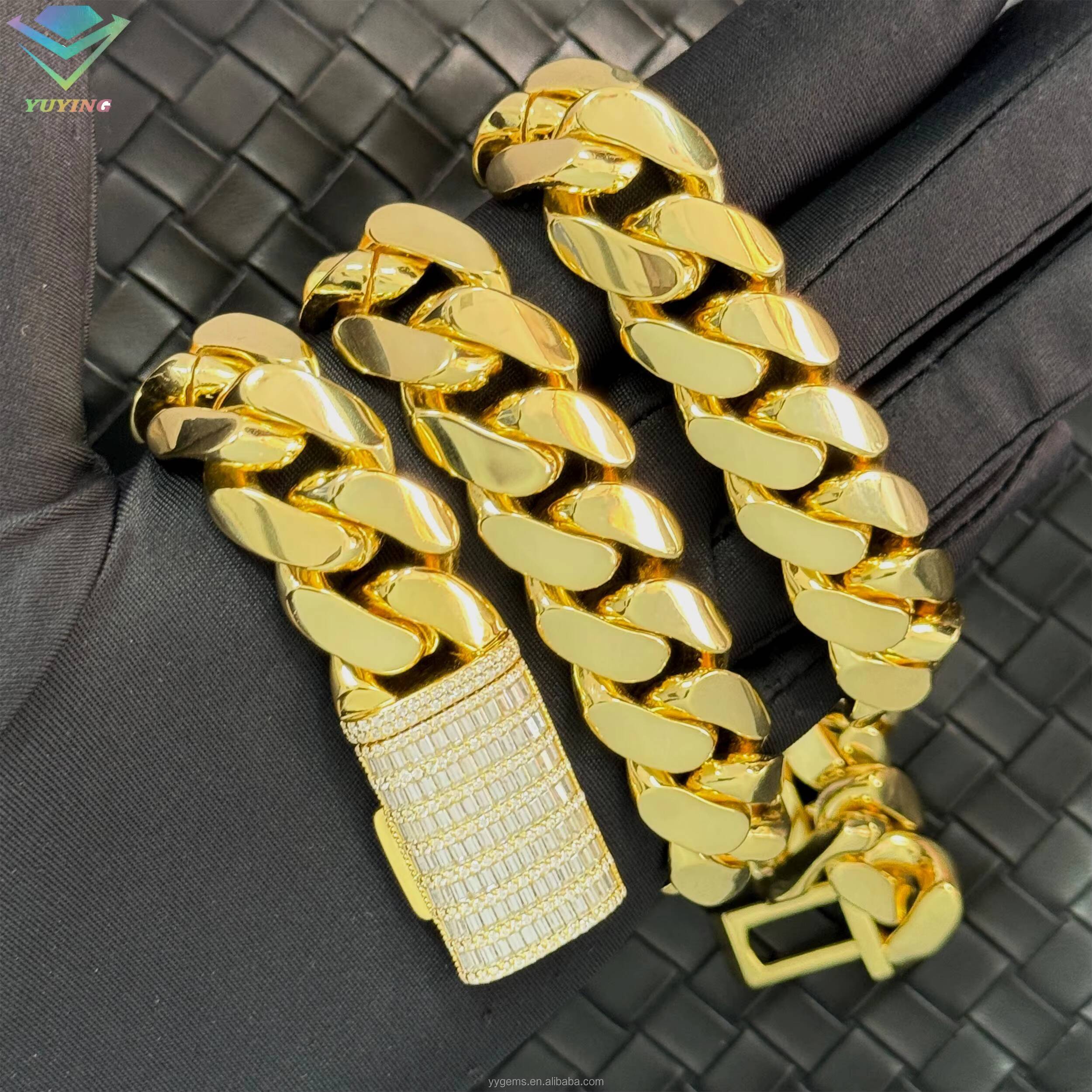Handmade Solid 925 Silver Miami 3times 14k/18k Yellow Gold Plated Cuban Link Chain for Man baguette Moissanite Diamond Necklace