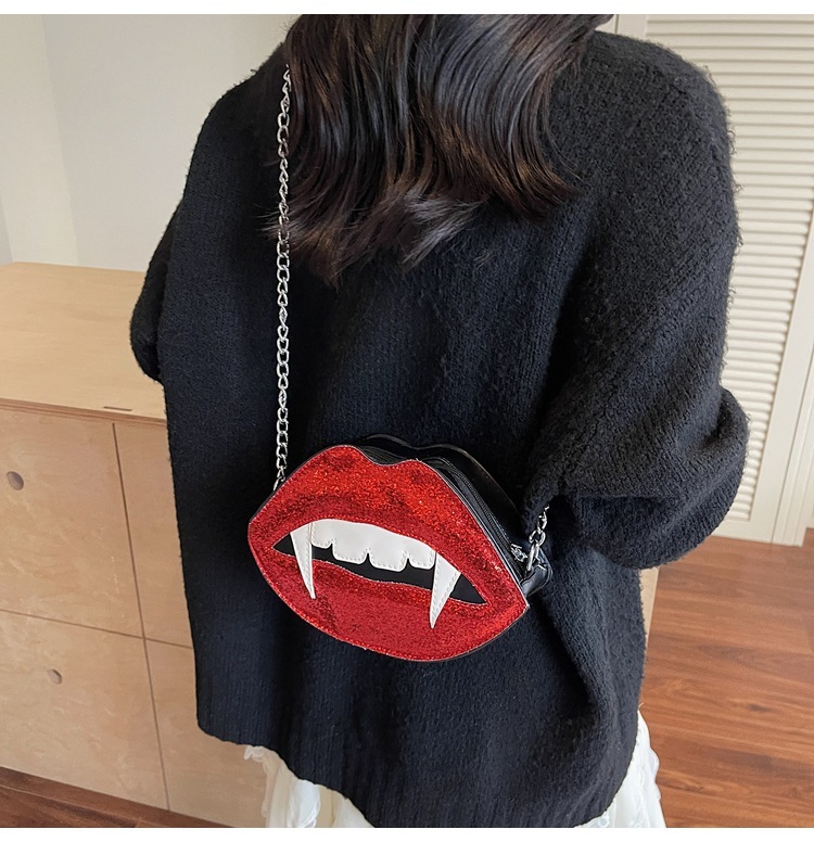 Halloween Autumn New Red Lips, Sharp Teeth, Personalized Style, Niche Design, Trendy Fashion, Women's Shoulder Bag, Designer Bag