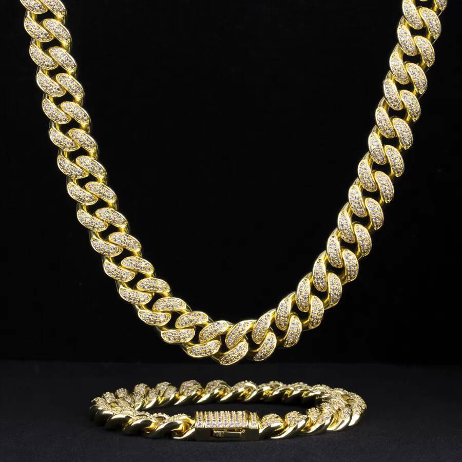 KRKC Wholesale 12mm 14K Gold Plated Hip Hop Jewelry 5A 2 Rows Iced Out CZ Diamond Cuban Link Chain Necklace