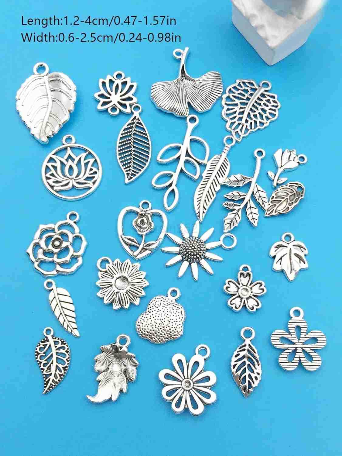 80pcs Alloy Silver Plant Leaf Small Flower Set Series Pendant Jewelry Making DIY Keychain Earrings Pendant Various Design Charms for Jewelry Making Br