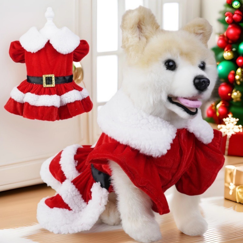 Christmas Dog Dress with Ruffled Sleeves, Lamb Wool Collar, Cotton Material, Warm & Comfortable, 4 Sizes (S-XL) for Dogs 1.5-8kg, Perfect for Christma