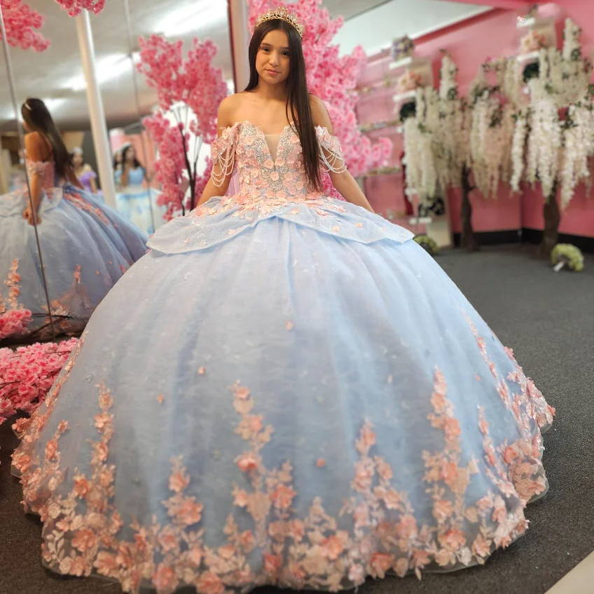 Customized Sky Blue Pink Princess Strapless lace-up Prom Dress Quinceanera Dress 15 16 Birthday Party Beaded Applique