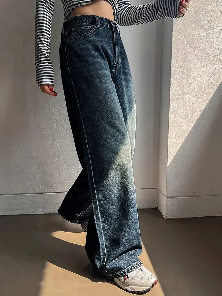Female Stretchy Wide Leg Hip Hop Y2K Streetwear Denim Pants Vintage Fashion High Waist Jeans Lady Straight Casual Trousers 250911