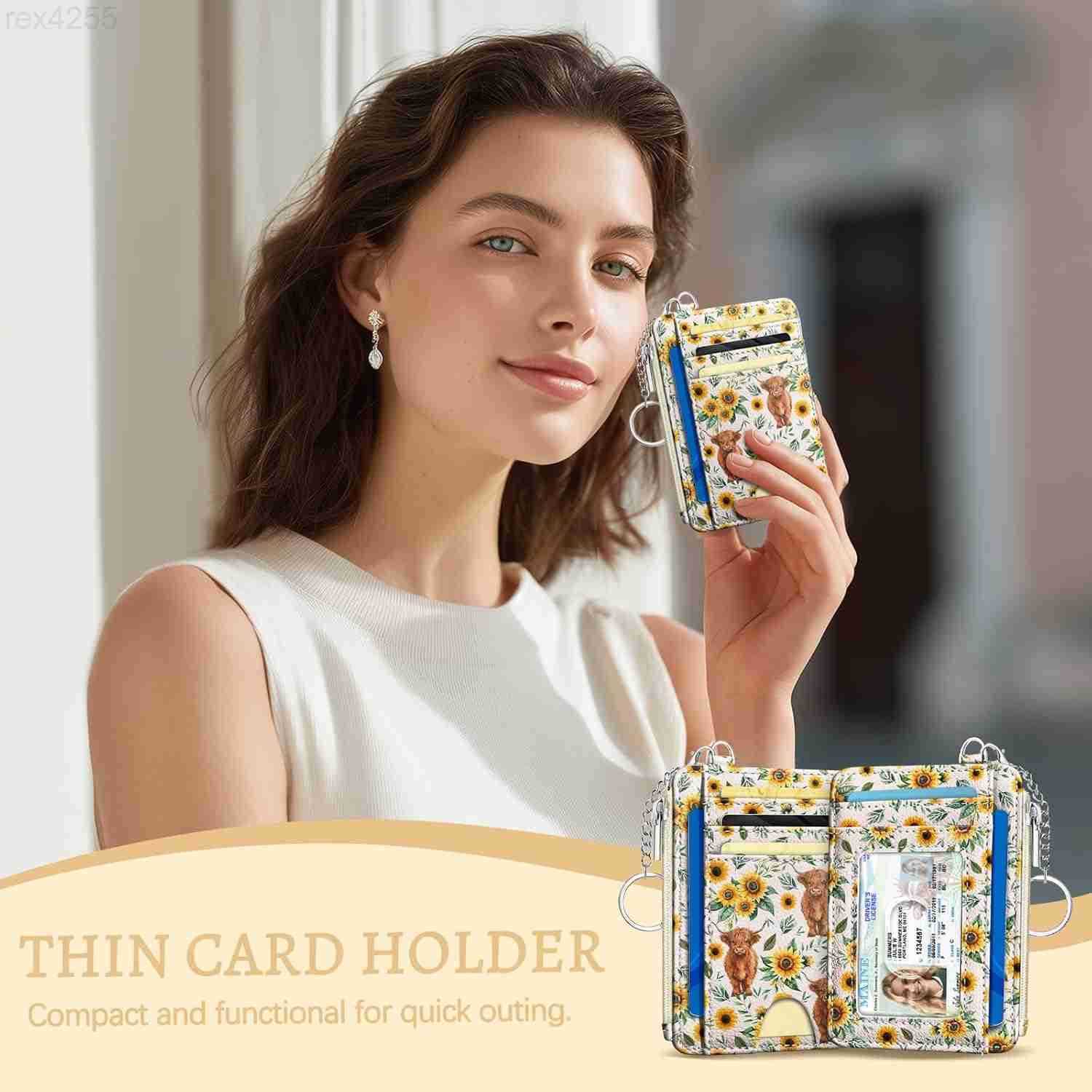 Cow Sunflower Credit Card Holder Small Wallet Women Slim RFID Blocking Wallet Woman Keychain with Zipper Coin Pocket Front Pocket Thin Travel Card Cas
