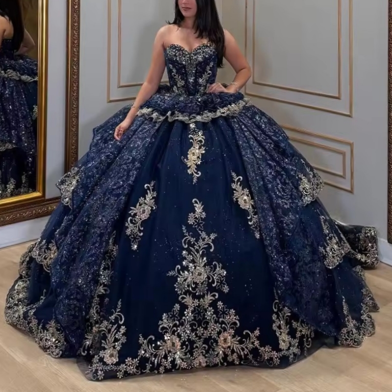 Navy Blue Shiny Beaded Quinceanera Dresses Ball Gown Appliques Lace Beads Party Birthday Sweet 16 Dress Vestidos De 15 Anos