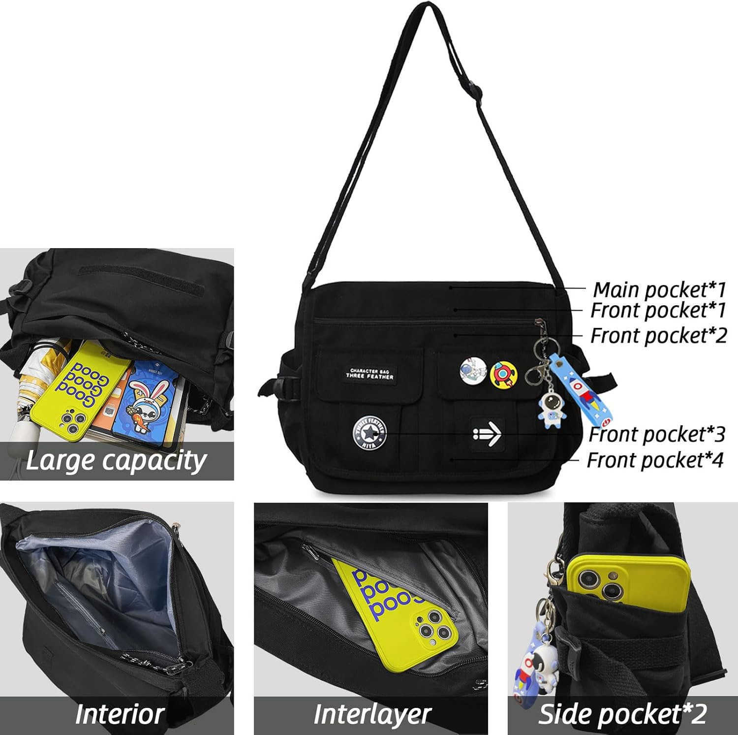 Fashion Crossbody Bag with Cute Accessories Nylon Casual Messenger Bag with Pendant Lightweight Handbag Travel Daypacks BlackW250911