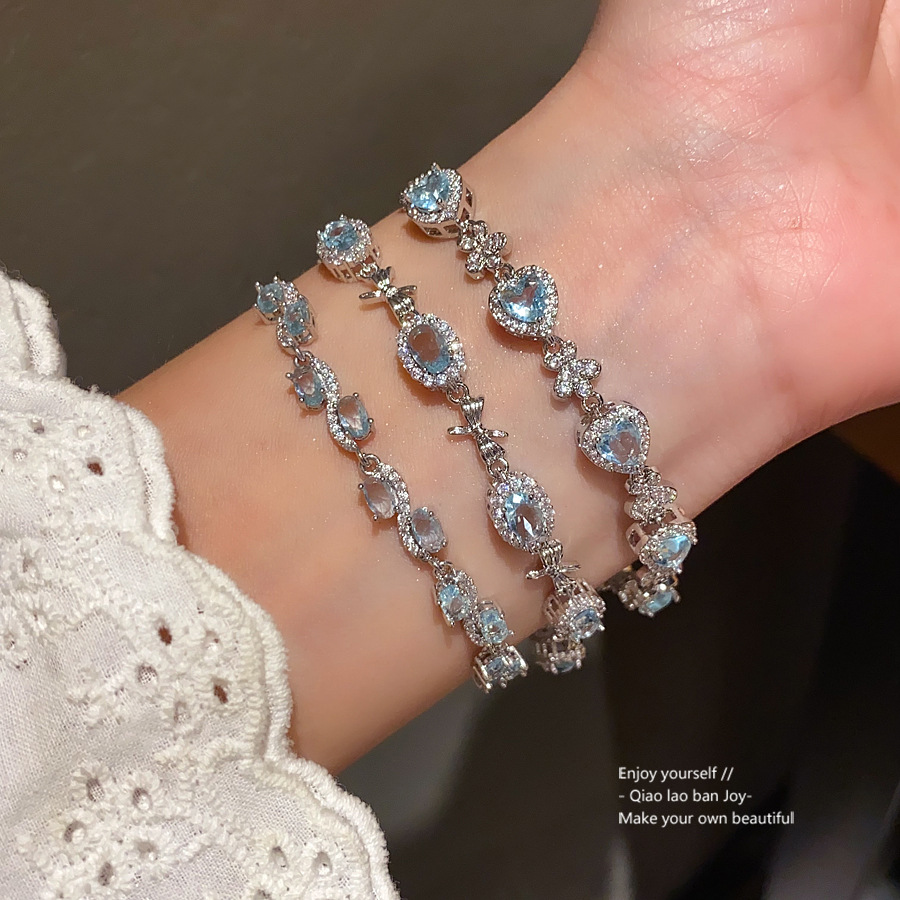 Silver - Toned Bracelet With Aquamarine - Hued Oval Crystals, Sparkly Pave Accents Delicate Daily & Elegant Jewelry Gift For Her High - Quality And Ch