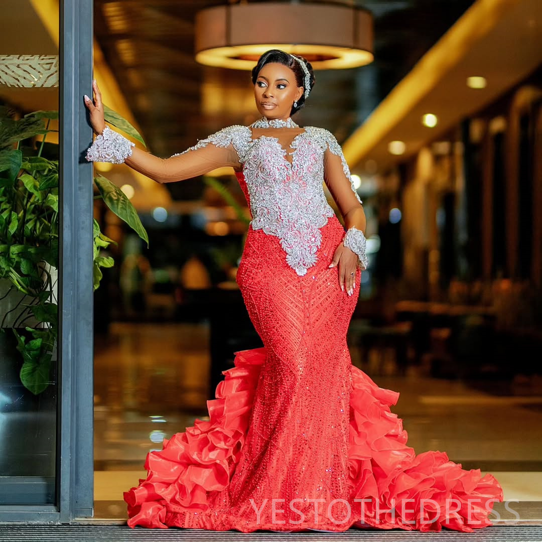2025 Plus Size Red Prom Dresses For Black Women Mermaid Evening Dresses Formal Gowns High Neck Long Sleeves Beaded Lace Birthday Dress Second Receptio