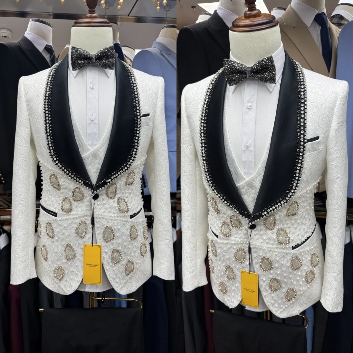 Handsome Men's Suit Shawl Lapel Tailor-Made 2 Pieces Set Pearls Jacquard Jacket One Button Blazer Rhinestone Customized Coat Black Pants Plus Siz