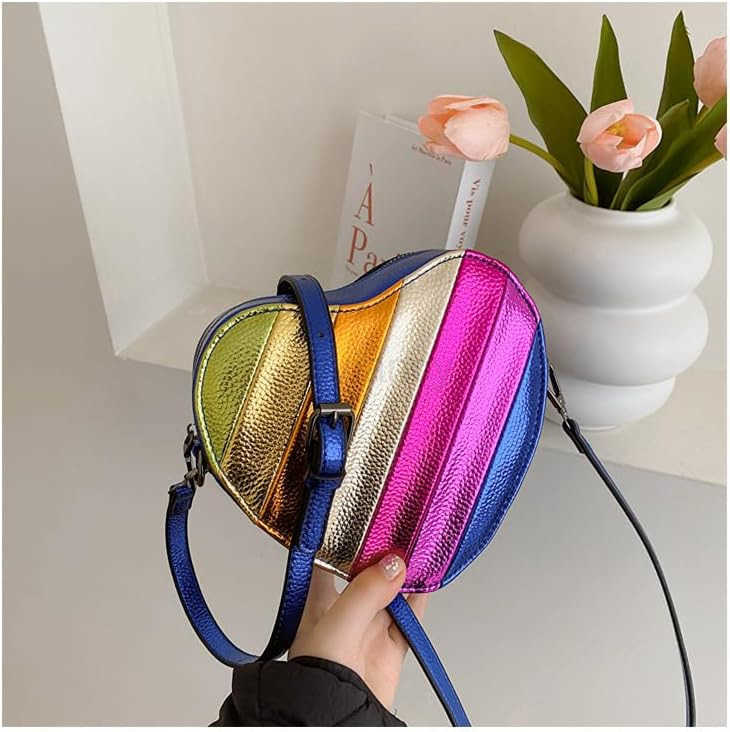 Rainbow Patchwork Heart Shaped Shoulder Crossbody Bag Adjustable Strap Trendy DesignW250911