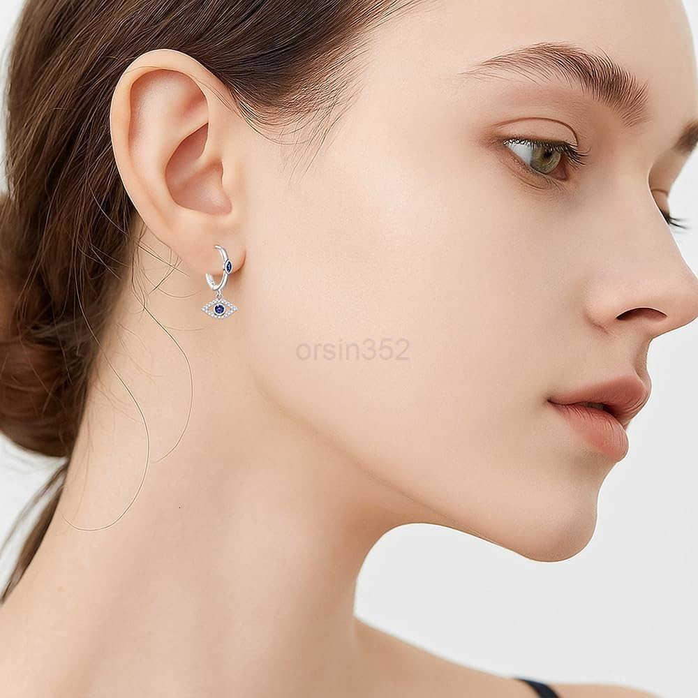 Eye Earrings for Women Sterling Silver Blue Greek Evil Eye Hoop Earrings Dangle Drop Protection Leverback Amulet Turkish Jewelry GiftsW250911