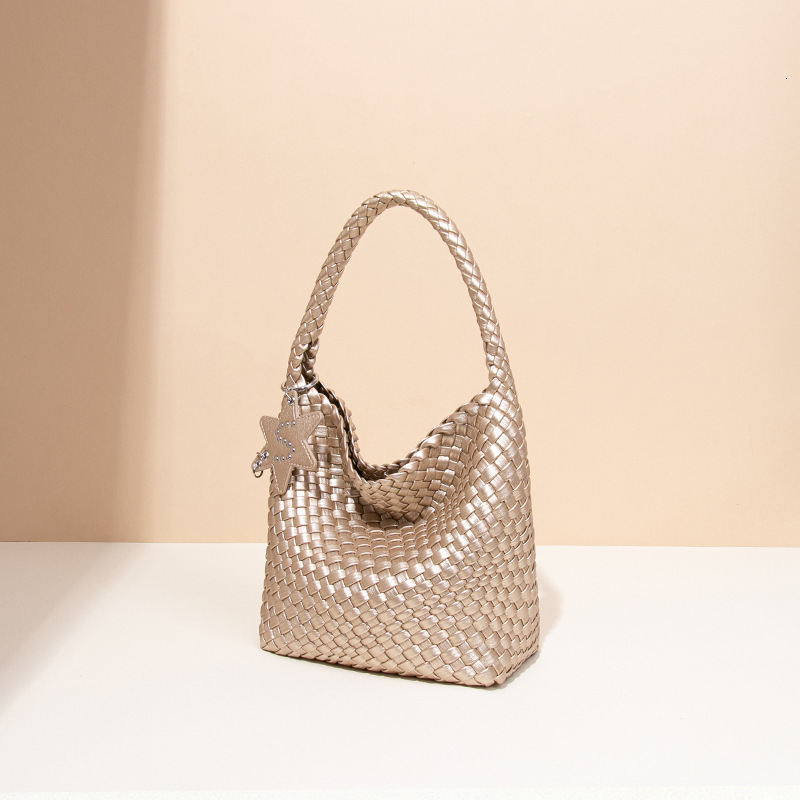 Live New High-end Versatile Champagne Gold Woven Tote for Women Large Capacity Commuter Bucket Handbag Shoulder Bag