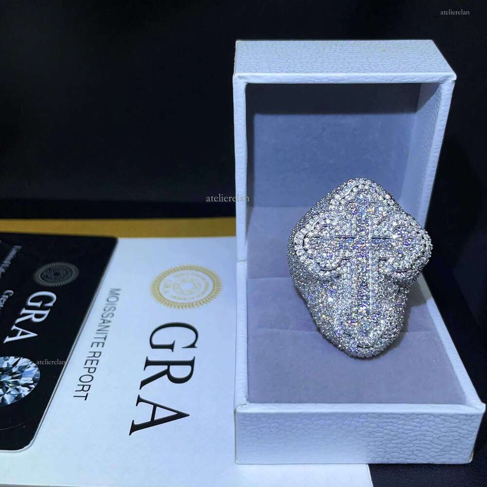 Fine Jewelry Sterling Sier Gold Plated Iced Out VVS Dia Cross Moissanite Hip Hop Ring for Men