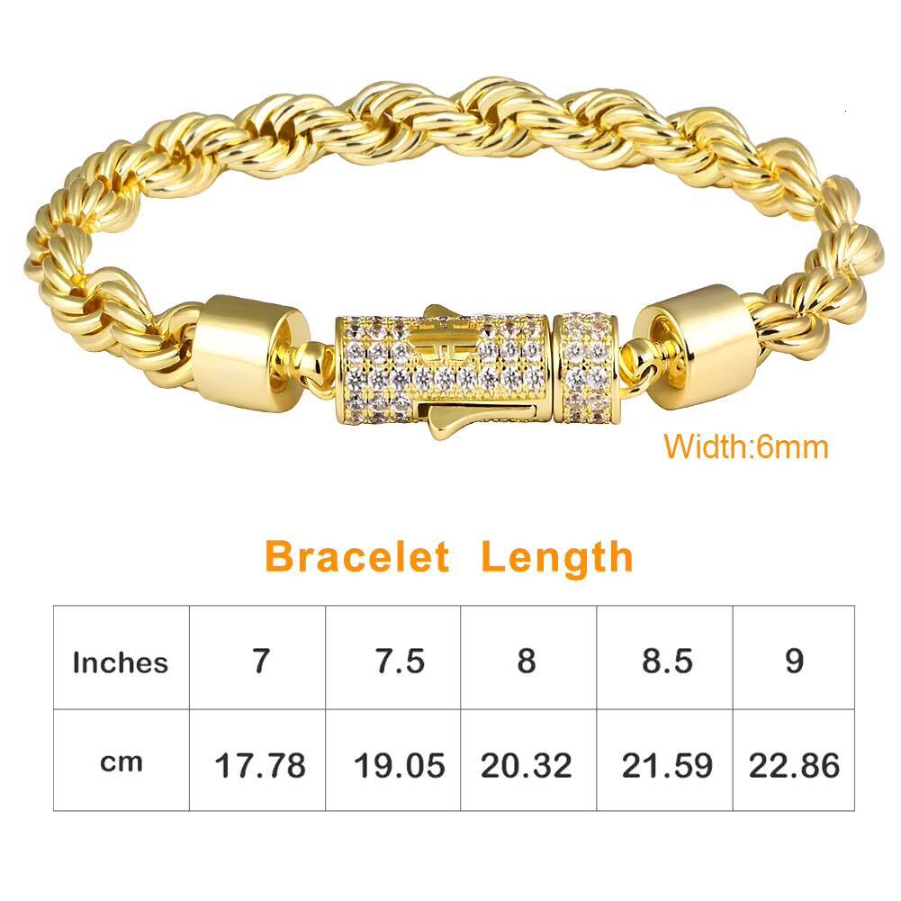 Hip Hop Man Link Bracelet Women Jewelry 6mm Rope Chain Brass 14k 18k Real Gold Plated 5A Moissanite Iced Out Clasp Rope Bracelet