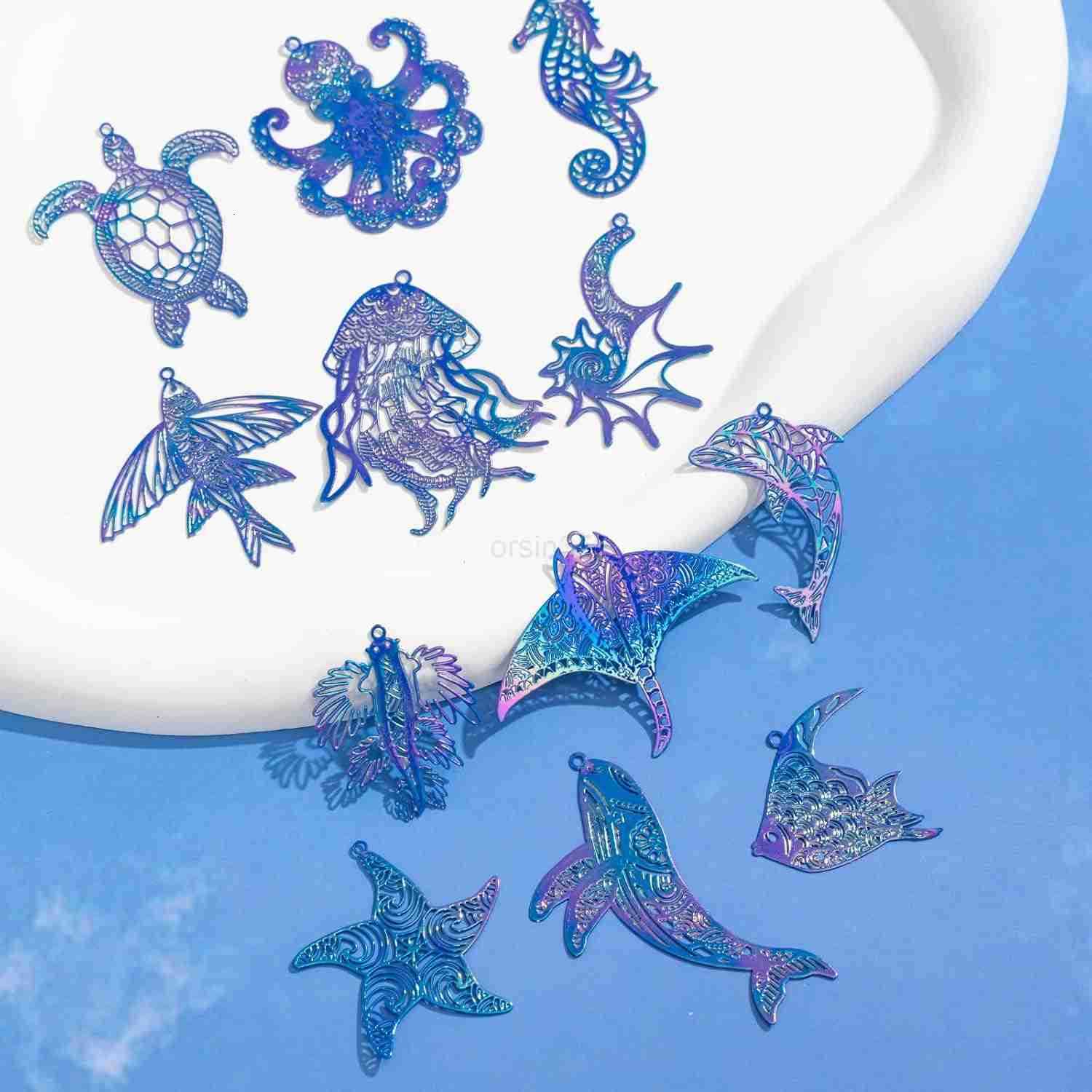 24pcs Assorted Ocean Charms Dazzling Colorful Filigree Metal Embellishment Hollow Sea Animal Pendants for DIY Jewelry Making Earrings Necklaces Hangin