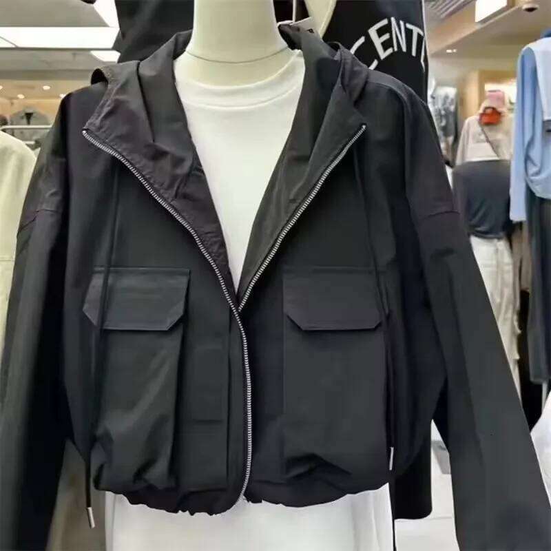 2025 Fashion Women Jacket Windbreaker Hooded Zip-Up Autumn Vintage Outwear Korean Haruku Cropped Basic Coat Streetwear